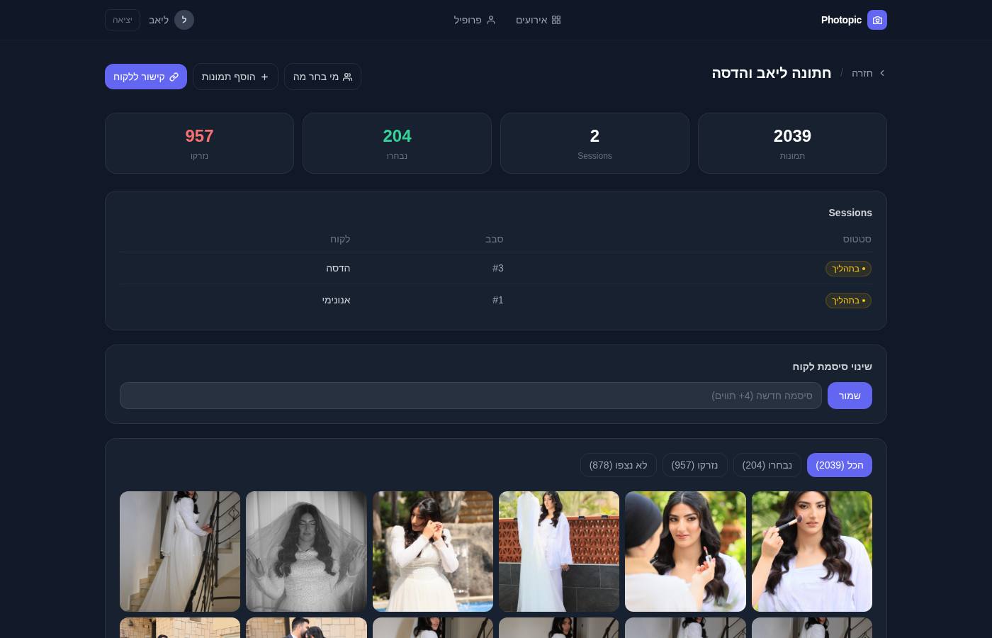 ניהול אירוע — 2,039 תמונות, 957 נדחו, 204 נבחרו